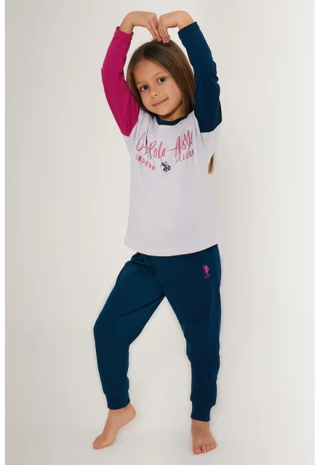 Памучна пижама с лого - Малина/Светлосив меланж/Тъмносин