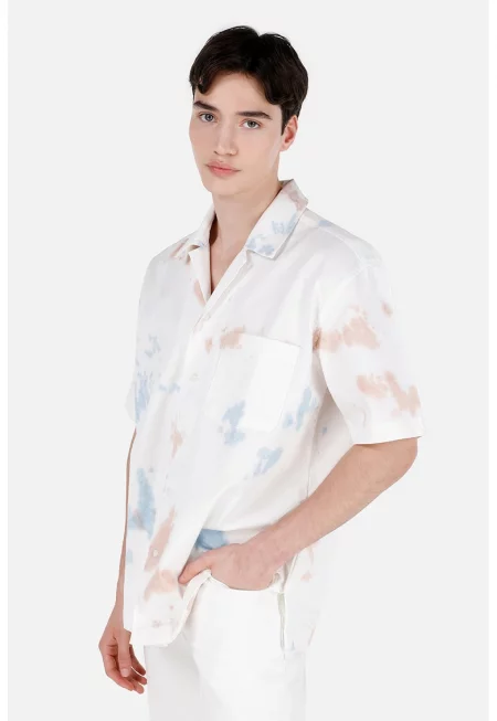 Памучна риза с къси ръкави и десен - Бял/Прашно розово/Син