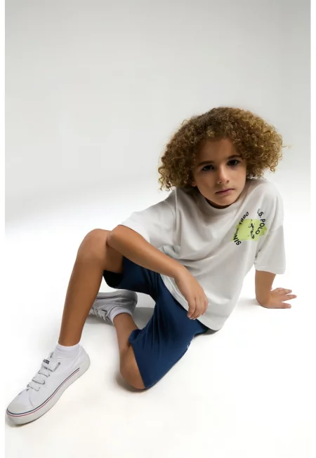 Памучна тениска и къс панталон - 2 части - Тъмносин/Бял/Шам фъстък зелено