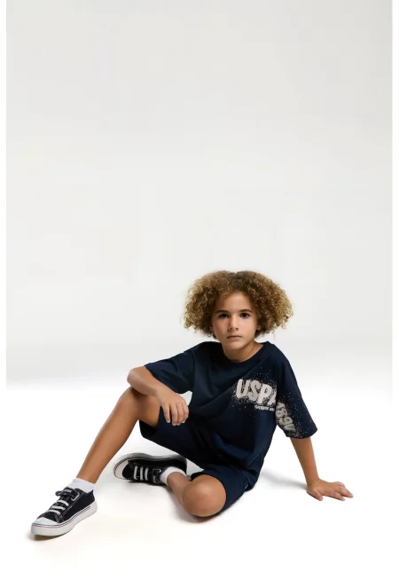 Памучна тениска и къс панталон - Бял/Тъмносин