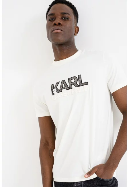 Памучна тениска с лого - Слонова кост/Кафяв