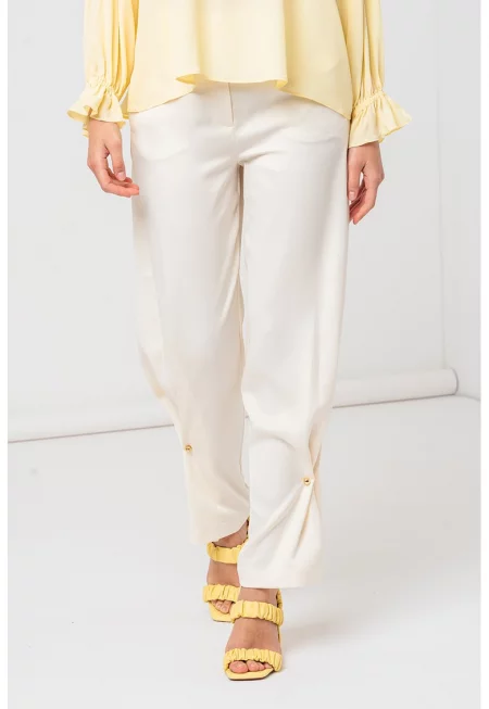 Панталон с висока талия и джобове встрани - Крем
