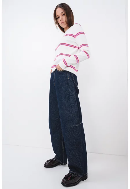 Пуловер от органичен памук с овално деколте - Слонова кост/Лавандула/Яркорозово