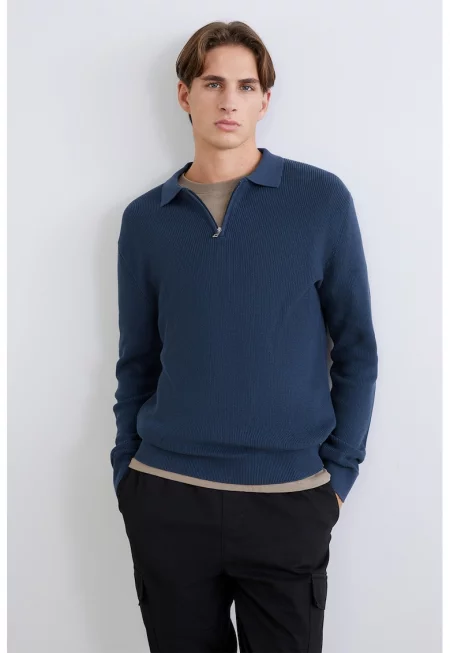 Пуловер с къс цип - Тъмносин