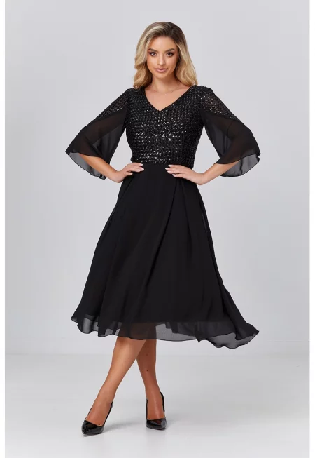 Разкроена рокля с пайети - Черен