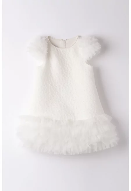 Релефна рокля с набирания - Мръснобял