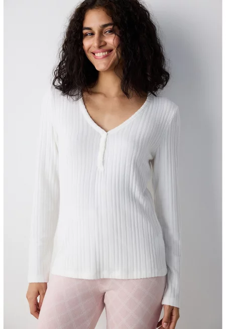 Рипсена пижамена блуза с шпиц - Бял/Розово