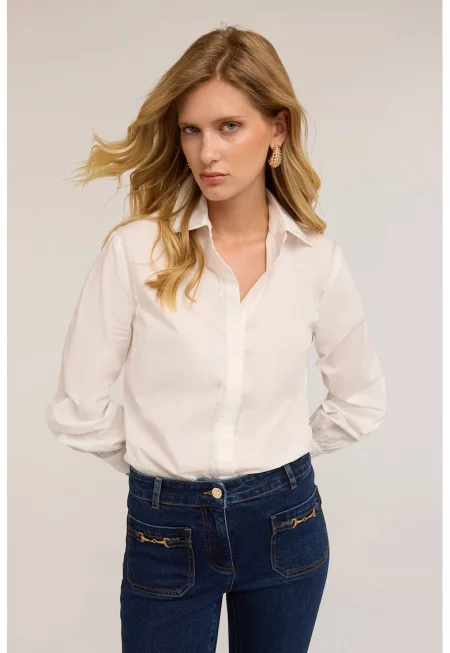 Риза от поплин с мъниста - Слонова кост