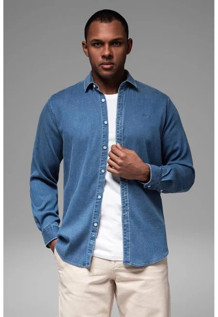 Риза от шамбре с дълги ръкави - Син