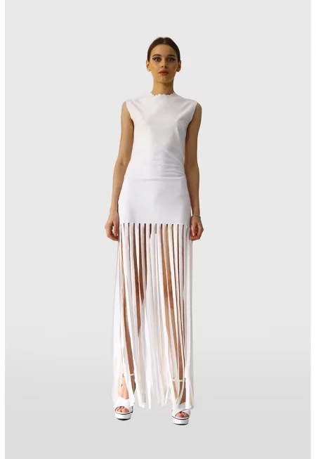 Рокля без ръкави с ресни - Бял