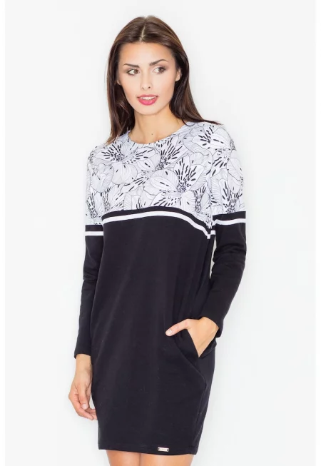 Рокля  M510 - на цветя - дълъг ръкав - черна - памук с джобове