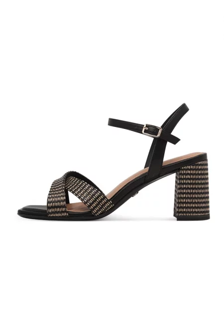 Сандали от еко кожа с ток - Черен/Бежов