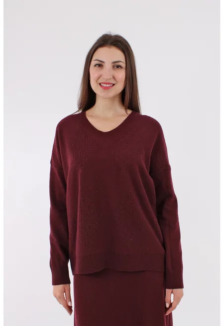 Шпиц пуловер с мерино и кашмир - Тъмночервен