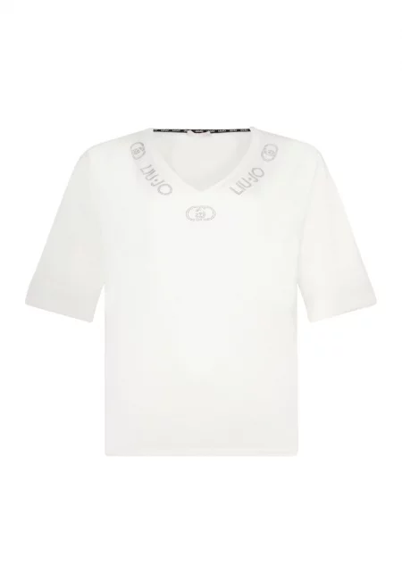 Шпиц тениска с лого от декоративни камъни - Бял