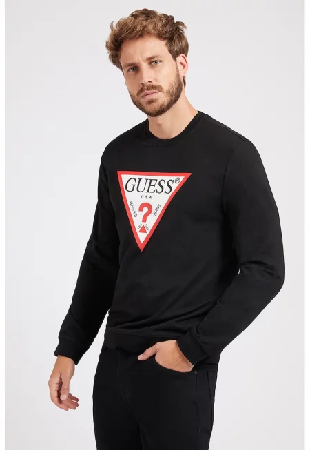 Суитшърт с овално деколте и лого - Бял/Черен