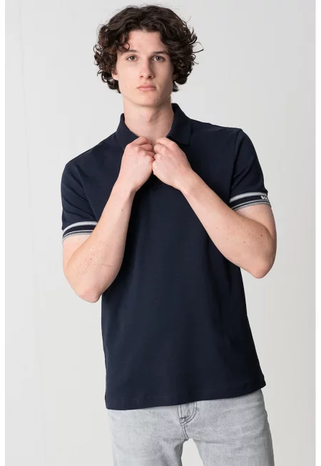 Тениска от пике с яка - Светлосив меланж/Тъмносин