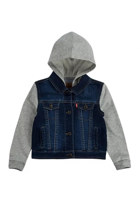 Яке от деним с качулка и контрастни ръкави