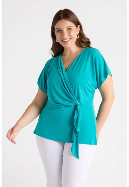 Блуза с къси ръкави и застъпено деколте - Тюркоаз