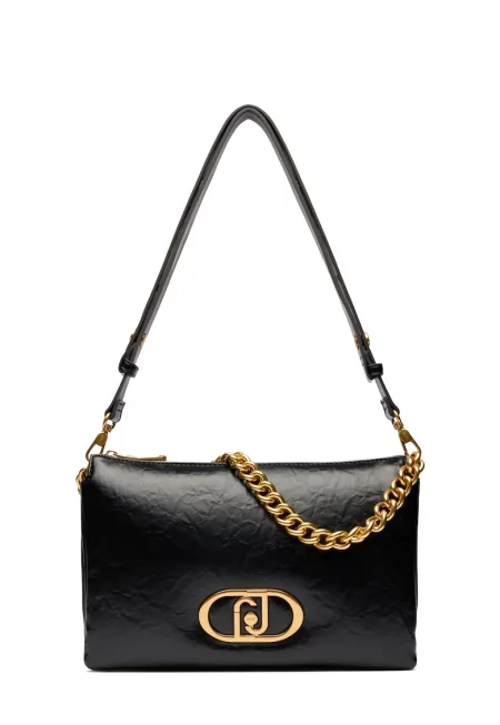 Чанта за рамо от еко кожа с декоративна верижка - Черен