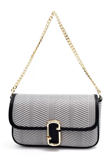 Чанта за рамо от еко кожа с презрамка-верижка - Черен/Бял