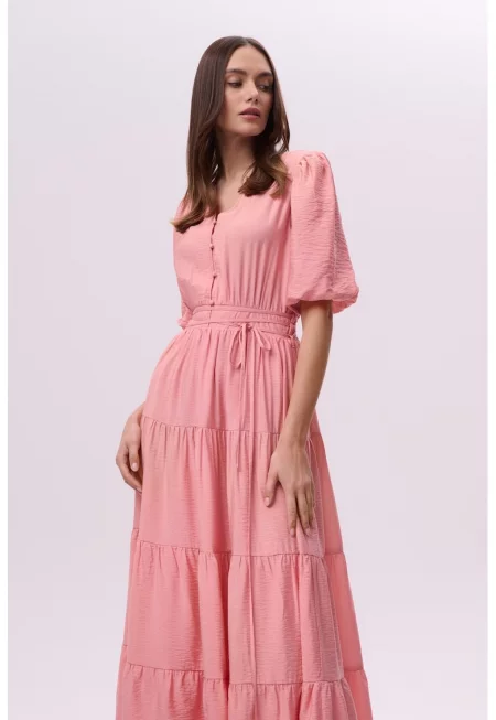 Дълга разкроена рокля с набирания - Розово