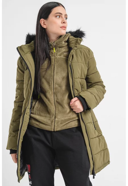Дълго зимно яке Autruche с еко пух - вата и качулка - Маслинено зелено