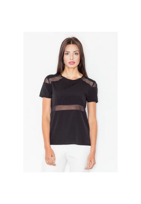 Дамска блуза  M468 - черна - къс ръкав - полиестер - еластан -