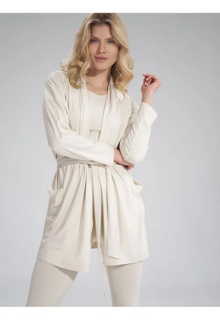 Дамски пуловер  широк - с колан - големи джобове - бежов - вискоза - SM