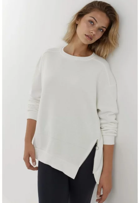 Дамски суичър -  текстуриран - кръгла яка - цип - бял - текстил