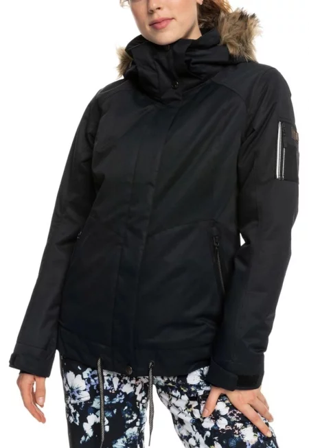 Дамско яке за сноуборд и ски - водоустойчиво - черно - полиестерно - сваляща се качулка
