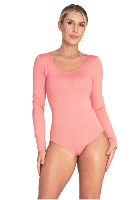 Елегантен боди  коралов цвят - дълъг ръкав - приятна материя - за жени - вискоза/еластан