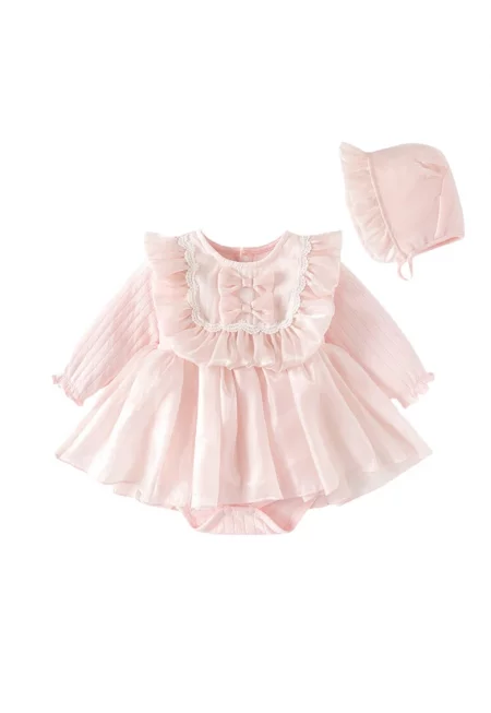 Елегантна розова рокля с шапка за момиченца