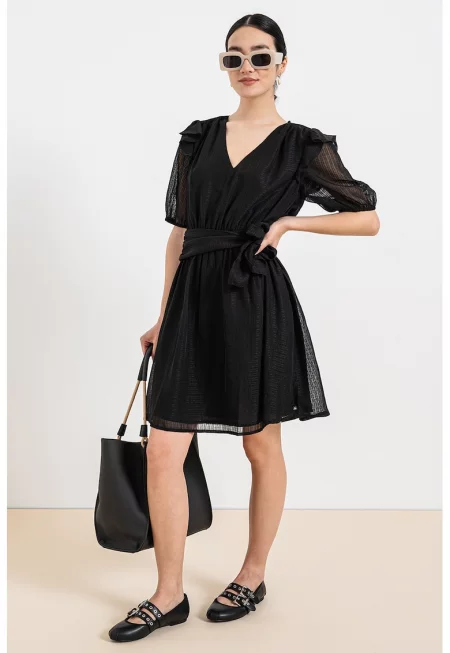 Къса разкроена рокля с колан - Черен