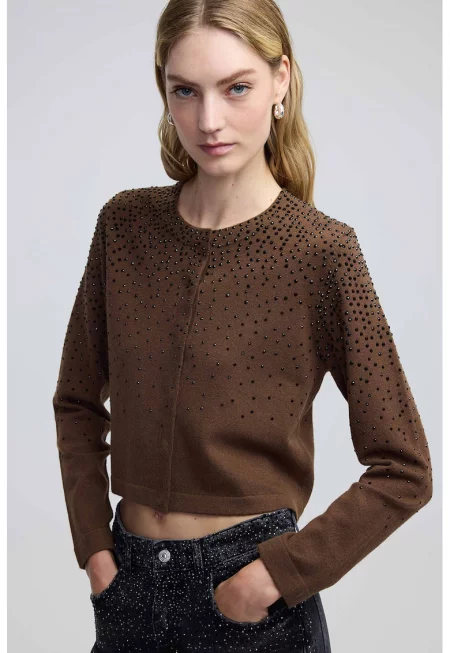 Къса жилетка с декоративни камъни - Черен/Кафяв