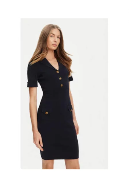 Knitted Dress With V Neckline - Тъмносин