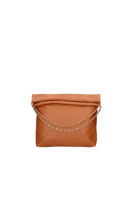 Кожена хобо чанта с презрамки с верижка - Карамел