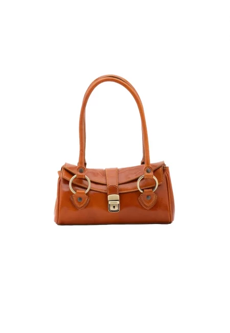 Кожена ръчна чанта с 2 отделения - Коняк кафяв