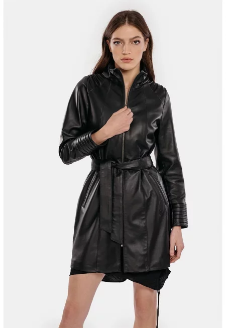 Кожено дълго яке Paloma с колан - Черен