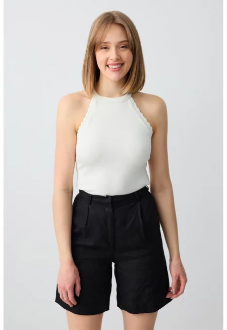 Ленен къс панталон с висока талия - Черен