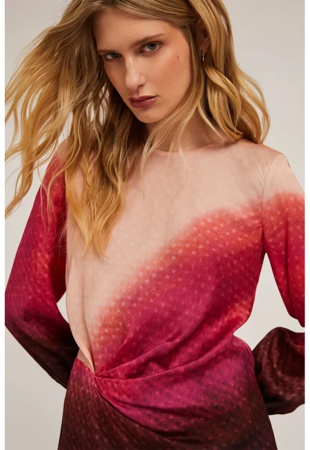 Миди рокля с градиента - Червен/Тъмнобежово