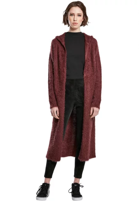 Отворена дълга жилетка с качулка - Коняк кафяв