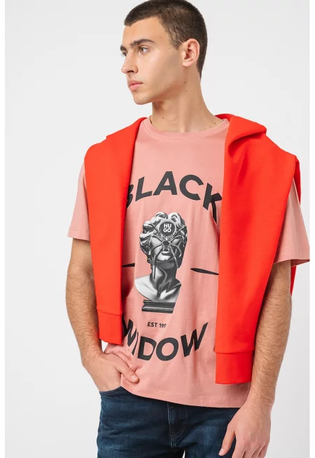 Памучна тениска с графика - Черен/Прашно розово