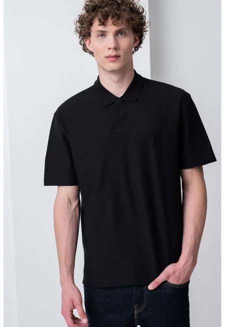 Памучна тениска с яка - Черен