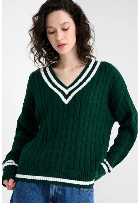 Плетен шпиц пуловер - Тъмнозелен