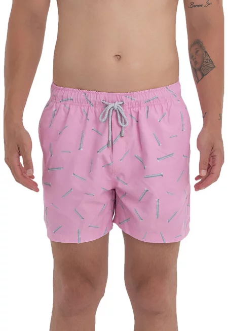 Плувни шорти с принт и връзка - Светло сив/Светлорозов