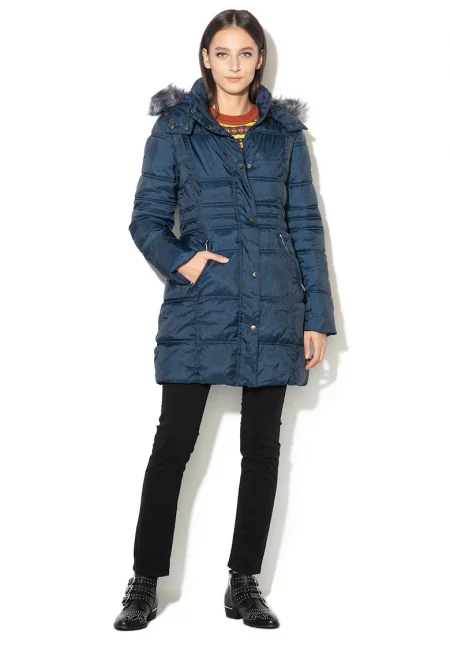 Подплатено зимно яке с отделяща се качулка - Тъмносин