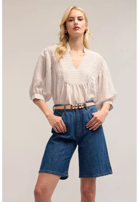 Раирана блуза с бухнали ръкави - Кафяв/Бежов