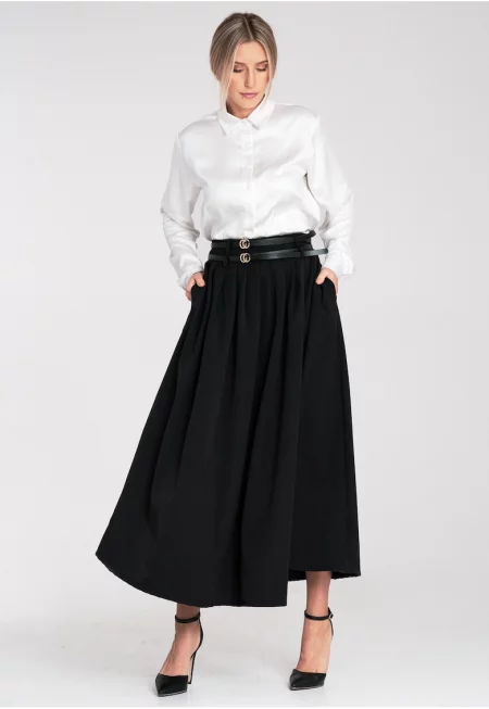 Разкроена пола  миди - черна - с колан - странични джобове - полиестер - Един размер