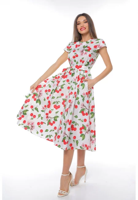 Разкроена рокля с къси ръкави - Червен/Бял/Зелен