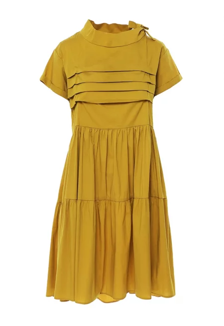 Разкроена рокля с плисе - Синапено жълто